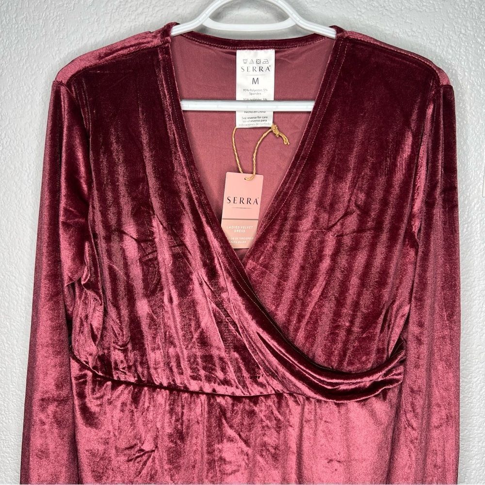 New Serra F Wrap Velvet Burgundy V- Neck Long Sleeve Dress Sz M Holiday Party - Picture 4 of 9